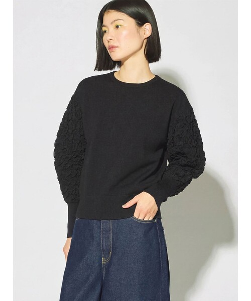 MIDIUMISOLID（ミディウミソリッド）の「MIDIUMISOLID for Ladies パフスリーブジャカードプルオーバー（ニット/セーター・レディース・ブラック/オフホワイト/ライトブルー・FREE）」の3枚目の写真