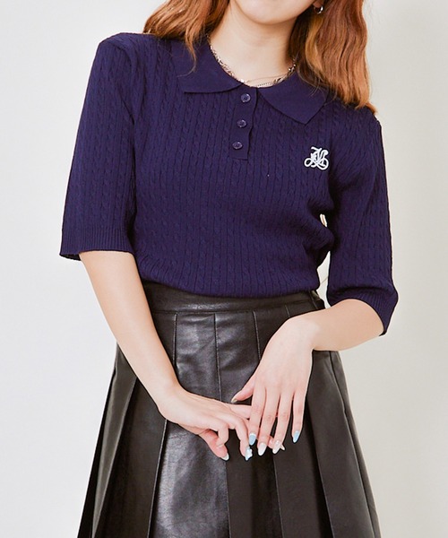GORGE(ゴージ)の「《上品カジュアル》レディース 細ケーブル 半袖ニットポロ 刺しゅう入り 春夏秋(ニット/セーター・レディース・ネイビー/グレー/アイボリー・F)」の3枚目の写真