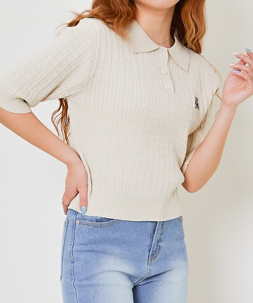 GORGE(ゴージ)の「《上品カジュアル》レディース 細ケーブル 半袖ニットポロ 刺しゅう入り 春夏秋(ニット/セーター・レディース・ネイビー/グレー/アイボリー・F)」の15枚目の写真
