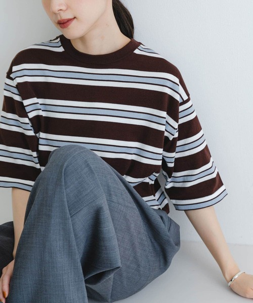 URBAN RESEARCH(アーバンリサーチ)の「new basic マルチボーダーニットTシャツ(Tシャツ/カットソー・レディース・ベージュ/ブラウン・FREE)」の2枚目の写真