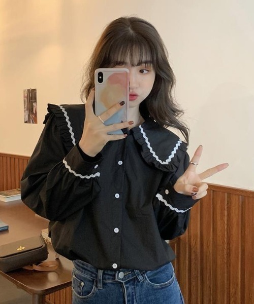 paravion（パラビオン）の「大襟配色シャツ（シャツ/ブラウス・レディース・ホワイト/その他/ブラック・FREE）」の8枚目の写真