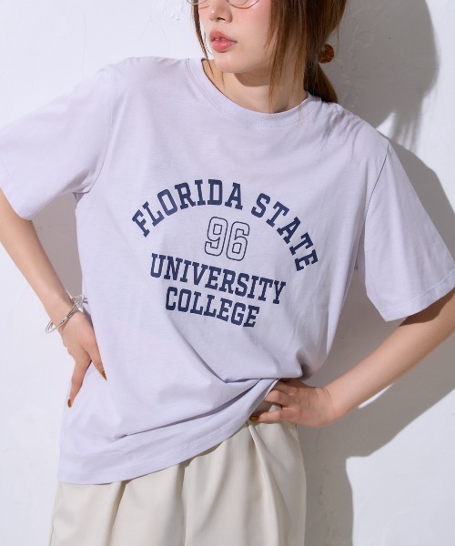 TRIANGLE PALETTE(トライアングルパレット)の「ヴィンテージ風カレッジロゴ スーピマ半袖Tシャツ(Tシャツ/カットソー・レディース・ブルー系その他/ブラック/アイボリー・FREE)」の3枚目の写真