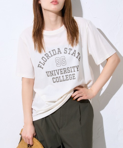 TRIANGLE PALETTE(トライアングルパレット)の「ヴィンテージ風カレッジロゴ スーピマ半袖Tシャツ(Tシャツ/カットソー・レディース・ブルー系その他/ブラック/アイボリー・FREE)」の8枚目の写真