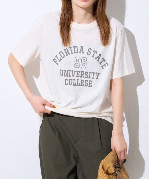 TRIANGLE PALETTE(トライアングルパレット)の「ヴィンテージ風カレッジロゴ スーピマ半袖Tシャツ(Tシャツ/カットソー・レディース・ブルー系その他/ブラック/アイボリー・FREE)」の14枚目の写真