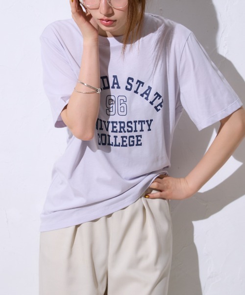 TRIANGLE PALETTE(トライアングルパレット)の「ヴィンテージ風カレッジロゴ スーピマ半袖Tシャツ(Tシャツ/カットソー・レディース・ブルー系その他/ブラック/アイボリー・FREE)」の18枚目の写真