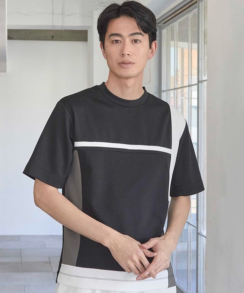 UNION STATION（ユニオンステーション）の「パネル切り替え 異素材コンビクルーネックＴ（Tシャツ/カットソー・メンズ・ホワイト/ブラック/ホワイト系その他・M/L/LL）」の2枚目の写真