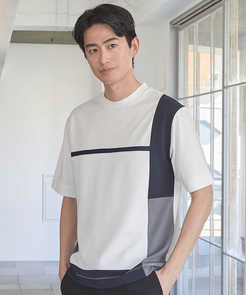 UNION STATION（ユニオンステーション）の「パネル切り替え 異素材コンビクルーネックＴ（Tシャツ/カットソー・メンズ・ホワイト/ブラック/ホワイト系その他・M/L/LL）」の4枚目の写真