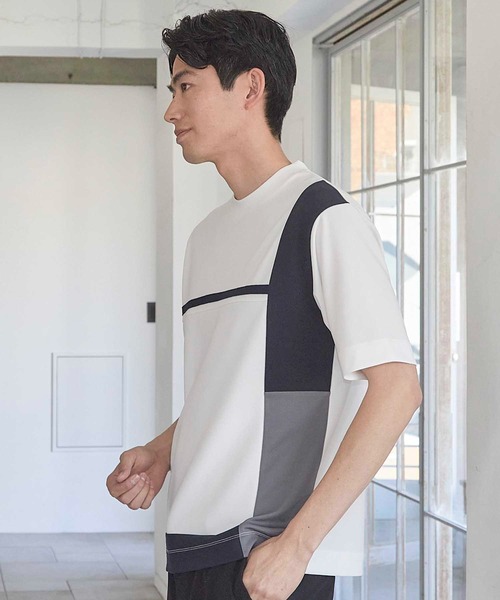 UNION STATION（ユニオンステーション）の「パネル切り替え 異素材コンビクルーネックＴ（Tシャツ/カットソー・メンズ・ホワイト/ブラック/ホワイト系その他・M/L/LL）」の5枚目の写真