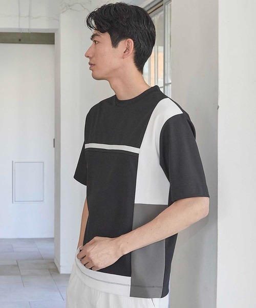 UNION STATION（ユニオンステーション）の「パネル切り替え 異素材コンビクルーネックＴ（Tシャツ/カットソー・メンズ・ホワイト/ブラック/ホワイト系その他・M/L/LL）」の12枚目の写真