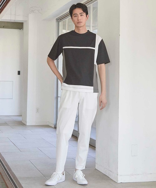 UNION STATION（ユニオンステーション）の「パネル切り替え 異素材コンビクルーネックＴ（Tシャツ/カットソー・メンズ・ホワイト/ブラック/ホワイト系その他・M/L/LL）」の15枚目の写真