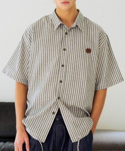 SLOWACID（スローアシッド）の「【UNISEX】SLOW ACID／ストライプハーフシャツ（シャツ/ブラウス・レディース・ライトブルー/ネイビー/グリーン・LARGE/MEDIUM）」の3枚目の写真