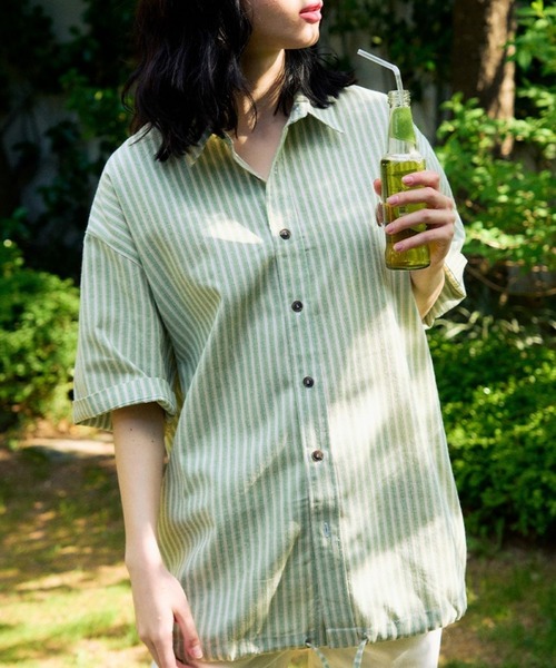 ブラウス シャツ 「UNISEX」SLOW ACID／ストライプハーフシャツ レディース メンズ セール】【UNISEX】SLOW ACID／ストライプハーフシャツ（シャツ