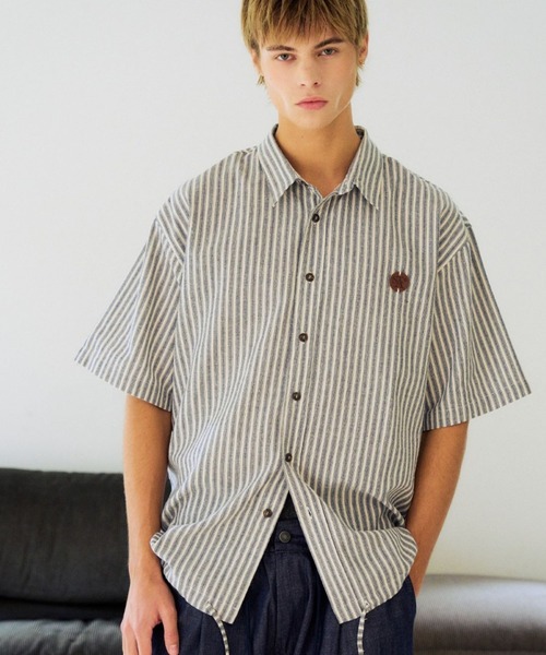 ブラウス シャツ 「UNISEX」SLOW ACID／ストライプハーフシャツ レディース メンズ セール】【UNISEX】SLOW ACID／ストライプハーフシャツ（シャツ
