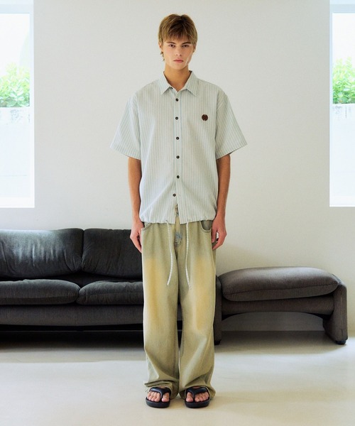 ブラウス シャツ 「UNISEX」SLOW ACID／ストライプハーフシャツ レディース メンズ セール】【UNISEX】SLOW ACID／ストライプハーフシャツ（シャツ