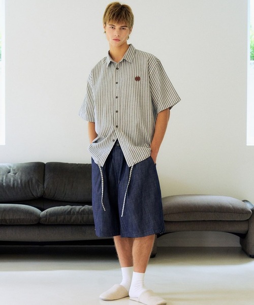 ブラウス シャツ 「UNISEX」SLOW ACID／ストライプハーフシャツ レディース メンズ セール】【UNISEX】SLOW ACID／ストライプハーフシャツ（シャツ