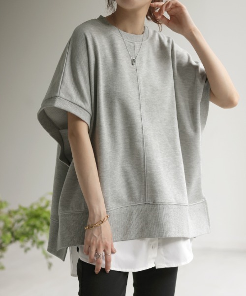 HUG.U(ハグユー)の「着丈が選べる スウェットTシャツ(Tシャツ/カットソー・レディース・ブラック/アイボリー/ダークグレー/モスグリーン/ライトグレー・ミディアム丈/ロング丈)」の3枚目の写真