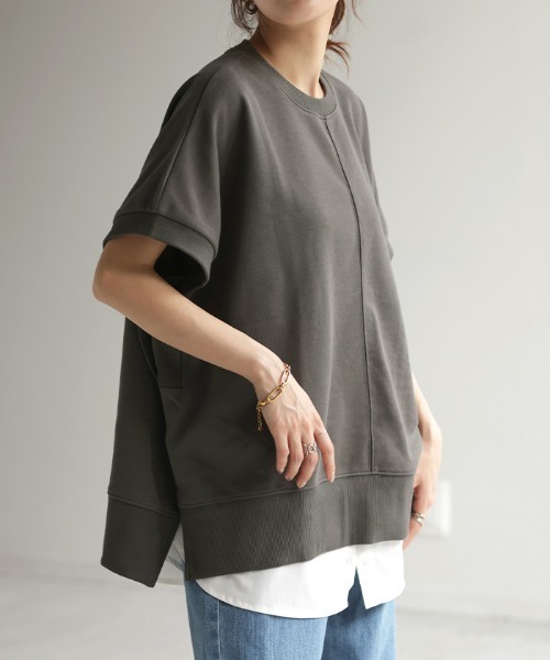 HUG.U(ハグユー)の「着丈が選べる スウェットTシャツ(Tシャツ/カットソー・レディース・ブラック/アイボリー/ダークグレー/モスグリーン/ライトグレー・ミディアム丈/ロング丈)」の1枚目の写真