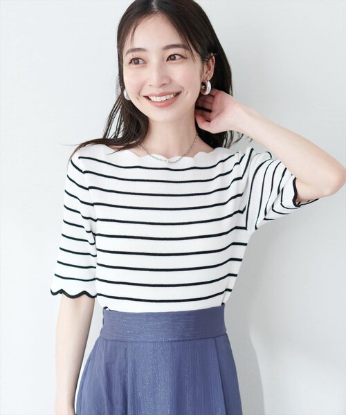 natural couture(ナチュラルクチュール)の「袖口配色スカラップ強撚ニット(5分袖)(ニット/セーター・レディース・ピンク/イエロー/その他1/その他2/ミント/ネイビー/オフホワイト・FREE)」の6枚目の写真