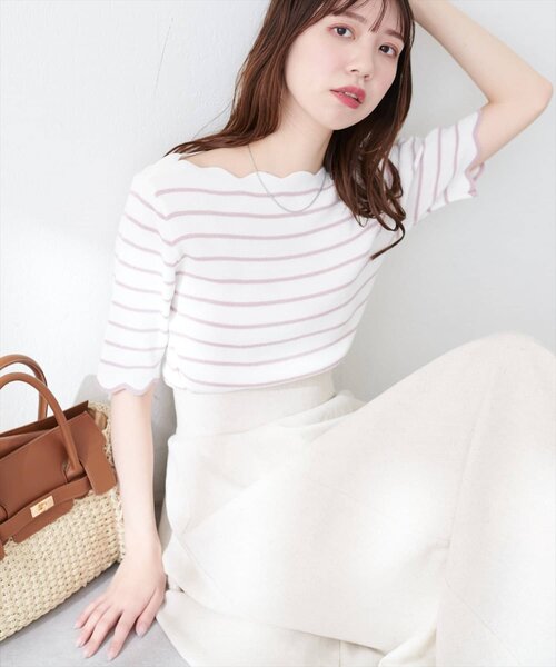 natural couture(ナチュラルクチュール)の「袖口配色スカラップ強撚ニット(5分袖)(ニット/セーター・レディース・ピンク/イエロー/その他1/その他2/ミント/ネイビー/オフホワイト・FREE)」の7枚目の写真