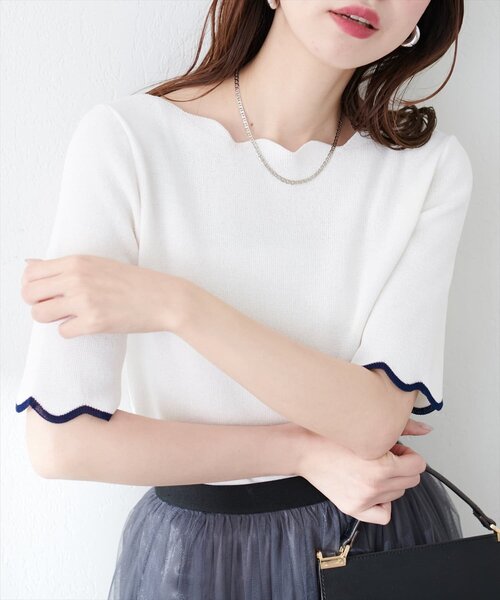 natural couture(ナチュラルクチュール)の「袖口配色スカラップ強撚ニット(5分袖)(ニット/セーター・レディース・ピンク/イエロー/その他1/その他2/ミント/ネイビー/オフホワイト・FREE)」の2枚目の写真