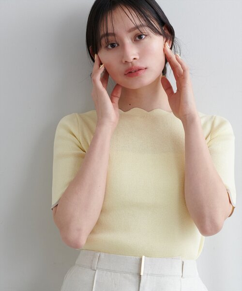 natural couture(ナチュラルクチュール)の「袖口配色スカラップ強撚ニット(5分袖)(ニット/セーター・レディース・ピンク/イエロー/その他1/その他2/ミント/ネイビー/オフホワイト・FREE)」の4枚目の写真