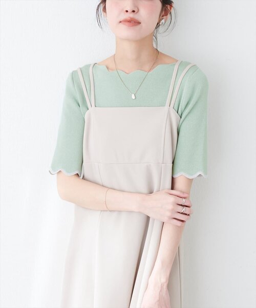 natural couture(ナチュラルクチュール)の「袖口配色スカラップ強撚ニット(5分袖)(ニット/セーター・レディース・ピンク/イエロー/その他1/その他2/ミント/ネイビー/オフホワイト・FREE)」の3枚目の写真
