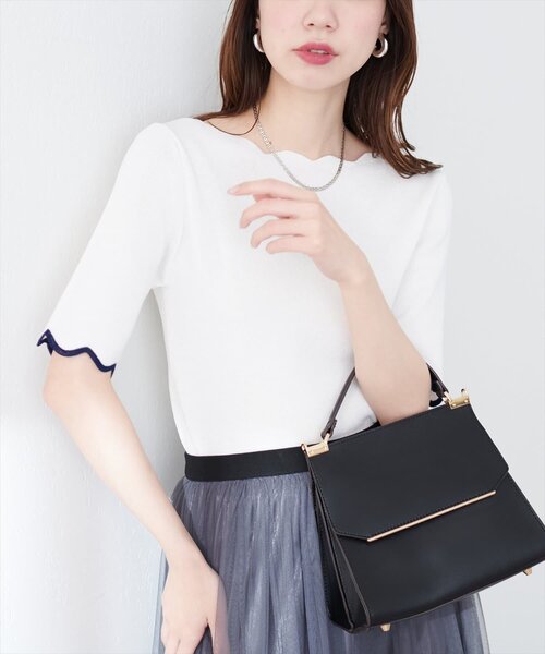 natural couture(ナチュラルクチュール)の「袖口配色スカラップ強撚ニット(5分袖)(ニット/セーター・レディース・ピンク/イエロー/その他1/その他2/ミント/ネイビー/オフホワイト・FREE)」の8枚目の写真