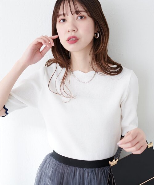 natural couture(ナチュラルクチュール)の「袖口配色スカラップ強撚ニット(5分袖)(ニット/セーター・レディース・ピンク/イエロー/その他1/その他2/ミント/ネイビー/オフホワイト・FREE)」の9枚目の写真