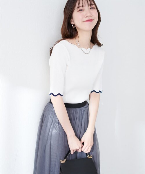natural couture(ナチュラルクチュール)の「袖口配色スカラップ強撚ニット(5分袖)(ニット/セーター・レディース・ピンク/イエロー/その他1/その他2/ミント/ネイビー/オフホワイト・FREE)」の10枚目の写真