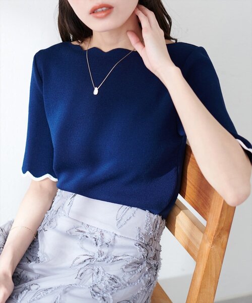 natural couture(ナチュラルクチュール)の「袖口配色スカラップ強撚ニット(5分袖)(ニット/セーター・レディース・ピンク/イエロー/その他1/その他2/ミント/ネイビー/オフホワイト・FREE)」の18枚目の写真