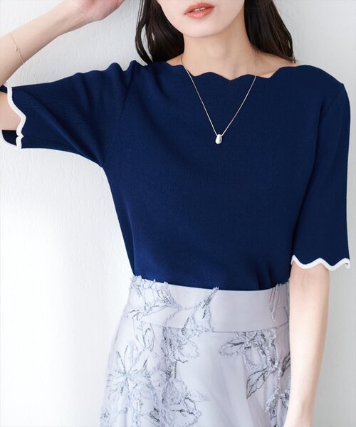 natural couture(ナチュラルクチュール)の「袖口配色スカラップ強撚ニット(5分袖)(ニット/セーター・レディース・ピンク/イエロー/その他1/その他2/ミント/ネイビー/オフホワイト・FREE)」の19枚目の写真