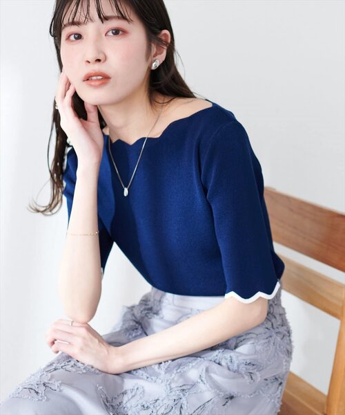 natural couture(ナチュラルクチュール)の「袖口配色スカラップ強撚ニット(5分袖)(ニット/セーター・レディース・ピンク/イエロー/その他1/その他2/ミント/ネイビー/オフホワイト・FREE)」の20枚目の写真