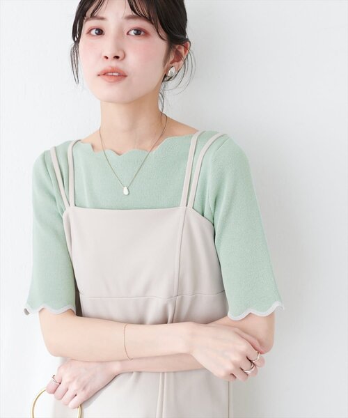 natural couture(ナチュラルクチュール)の「袖口配色スカラップ強撚ニット(5分袖)(ニット/セーター・レディース・ピンク/イエロー/その他1/その他2/ミント/ネイビー/オフホワイト・FREE)」の14枚目の写真