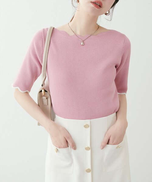 natural couture(ナチュラルクチュール)の「袖口配色スカラップ強撚ニット(5分袖)(ニット/セーター・レディース・ピンク/イエロー/その他1/その他2/ミント/ネイビー/オフホワイト・FREE)」の5枚目の写真