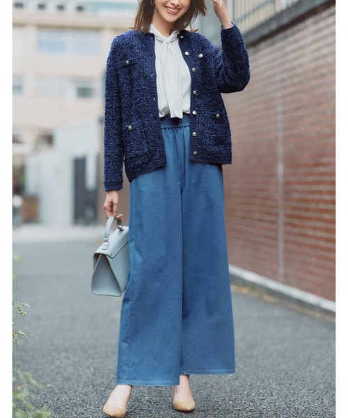 IEDIT（イディット）の「ＩＥＤＩＴ　大人ファンシーヤーンが華やかなツイード風ニットジャケット（ノーカラージャケット・レディース・ネイビー/オレンジ・M/L/LL/3L）」の3枚目の写真