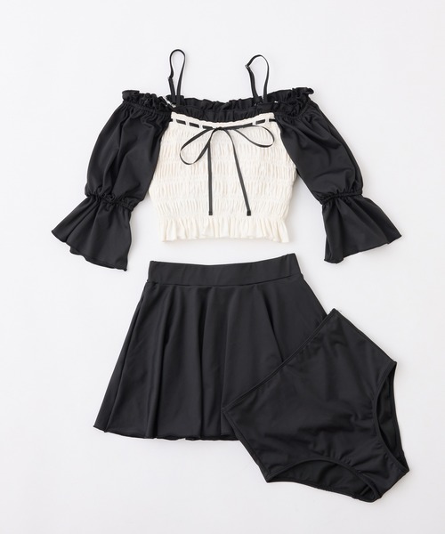 swimwear/シャーリングバイカラーリボンデザイン/3点セット