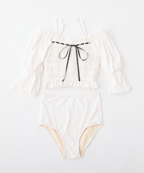 swimwear/シャーリングバイカラーリボンデザイン/3点セット