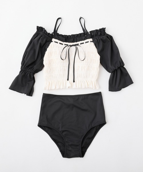 swimwear/シャーリングバイカラーリボンデザイン/3点セット