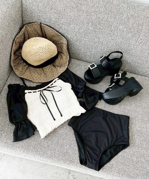 swimwear/シャーリングバイカラーリボンデザイン/3点セット