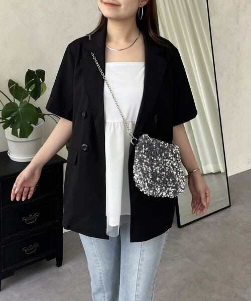 prose verse（プロズヴェール）の「リネンタッチWボタン半袖ジャケット（テーラードジャケット・レディース・ブラック/ライトベージュ・MEDIUM/LARGE）」の2枚目の写真