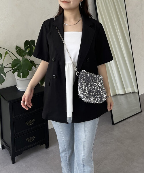 prose verse（プロズヴェール）の「リネンタッチWボタン半袖ジャケット（テーラードジャケット・レディース・ブラック/ライトベージュ・MEDIUM/LARGE）」の3枚目の写真