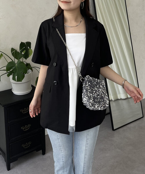 prose verse（プロズヴェール）の「リネンタッチWボタン半袖ジャケット（テーラードジャケット・レディース・ブラック/ライトベージュ・MEDIUM/LARGE）」の4枚目の写真