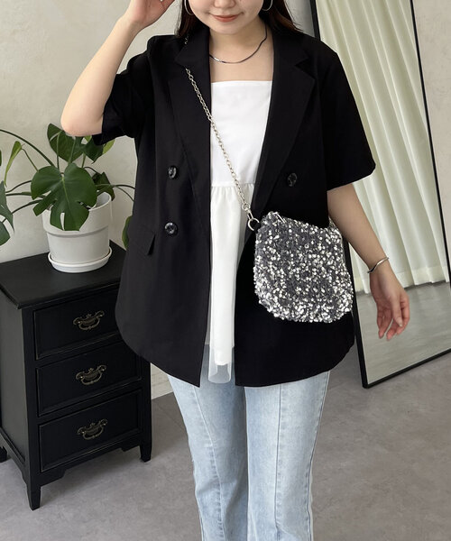 prose verse（プロズヴェール）の「リネンタッチWボタン半袖ジャケット（テーラードジャケット・レディース・ブラック/ライトベージュ・MEDIUM/LARGE）」の5枚目の写真