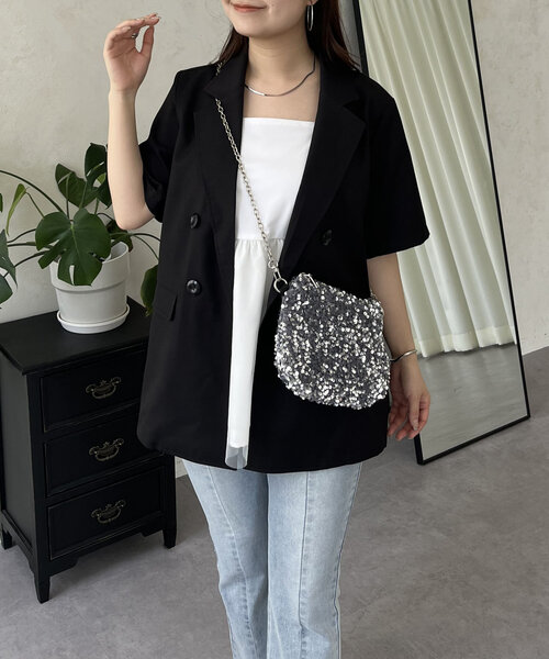 prose verse（プロズヴェール）の「リネンタッチWボタン半袖ジャケット（テーラードジャケット・レディース・ブラック/ライトベージュ・MEDIUM/LARGE）」の6枚目の写真