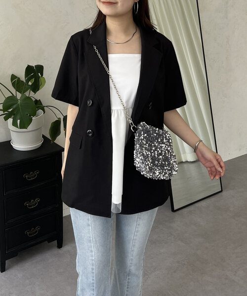 prose verse（プロズヴェール）の「リネンタッチWボタン半袖ジャケット（テーラードジャケット・レディース・ブラック/ライトベージュ・MEDIUM/LARGE）」の7枚目の写真