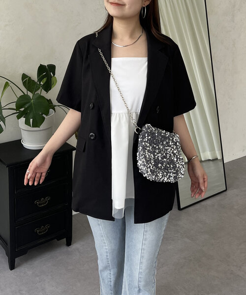 prose verse（プロズヴェール）の「リネンタッチWボタン半袖ジャケット（テーラードジャケット・レディース・ブラック/ライトベージュ・MEDIUM/LARGE）」の12枚目の写真