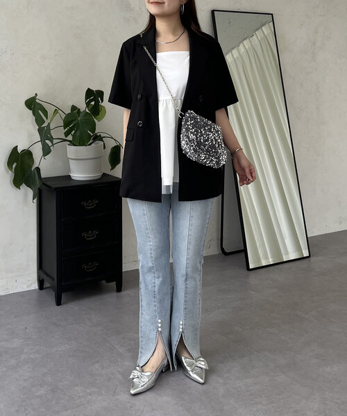 prose verse（プロズヴェール）の「リネンタッチWボタン半袖ジャケット（テーラードジャケット・レディース・ブラック/ライトベージュ・MEDIUM/LARGE）」の13枚目の写真