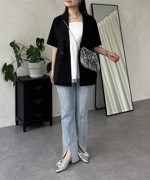 prose verse（プロズヴェール）の「リネンタッチWボタン半袖ジャケット（テーラードジャケット・レディース・ブラック/ライトベージュ・MEDIUM/LARGE）」の14枚目の写真