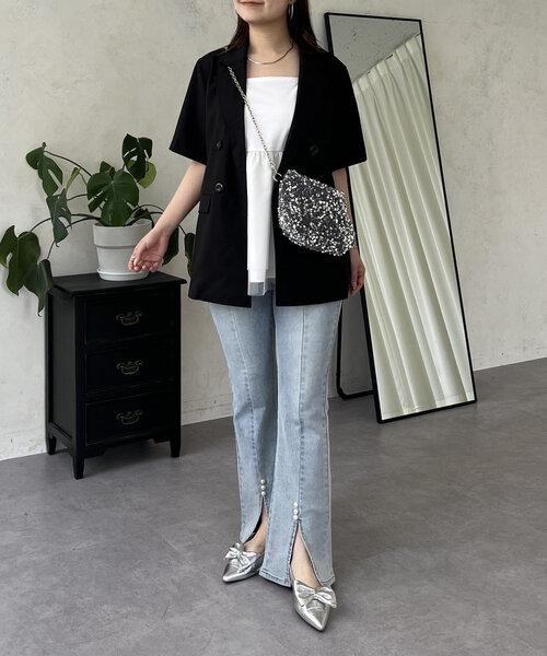 prose verse（プロズヴェール）の「リネンタッチWボタン半袖ジャケット（テーラードジャケット・レディース・ブラック/ライトベージュ・MEDIUM/LARGE）」の21枚目の写真