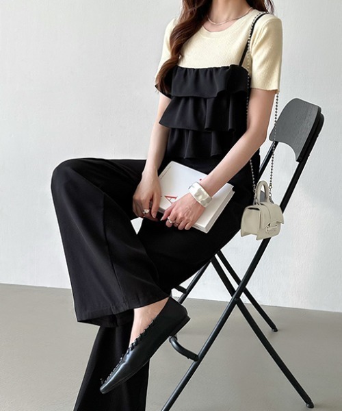 極美品　24SS MUVEIL ティアードサロペット ワイド　フリル　34 黒 極美品 24SS MUVEIL ティアードサロペット ワイド フリル 34 黒